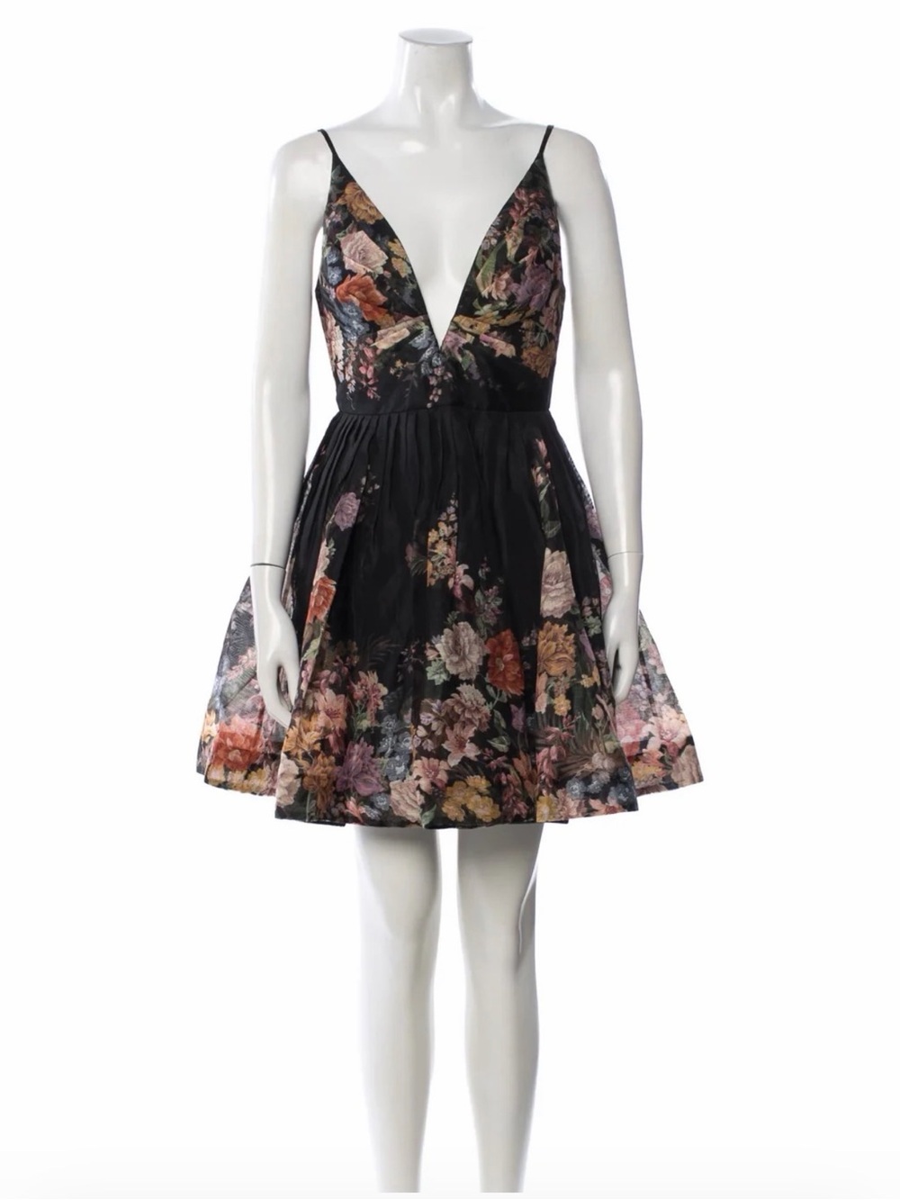 Zimmermann Black Floral Plunge V-Neck Mini Dress with Multicolor Blooms